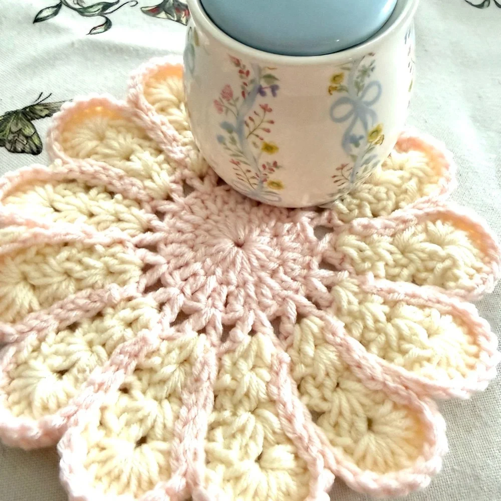 Handmade Crochet Flower Doily – Pink & Cream Floral Decor – 7x7 Inches